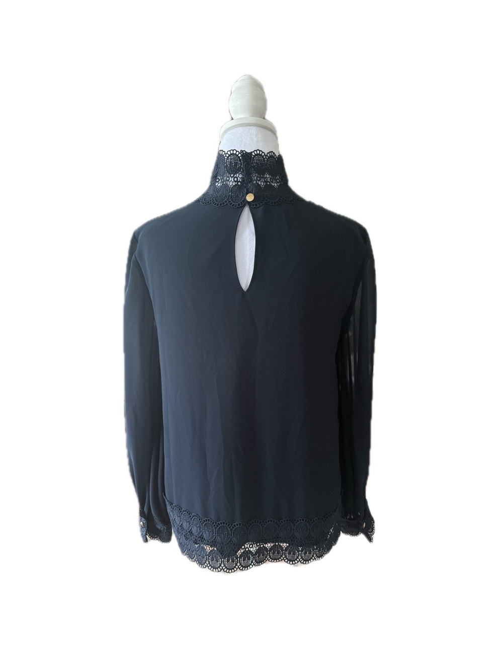TED BAKER Lace-Yoke High Neck Blouse - Navy With Gold Button - Picture 6 of 11
